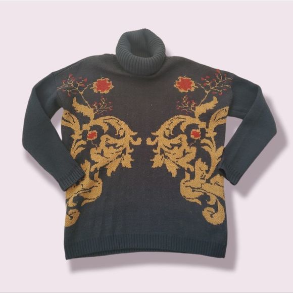 H&M | EUC Oversize Jacquard Sweater / Tunic Dress Floral Knit Turtleneck Size M - Picture 2 of 7